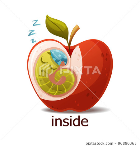Cute Green Worm Sleeping Inside Red Apple as English Preposition Word Vector Illustration 96886363