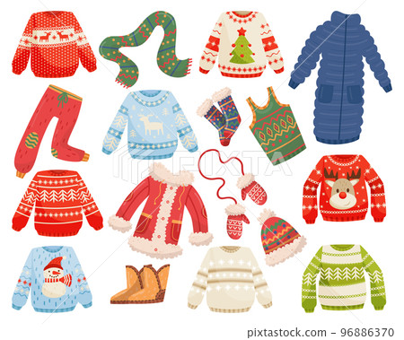 Warm Winter Clothes with Sweater, Scarf, Pants, Knitted Socks, Overcoat, Mittens and Boots Big Vector Set 96886370