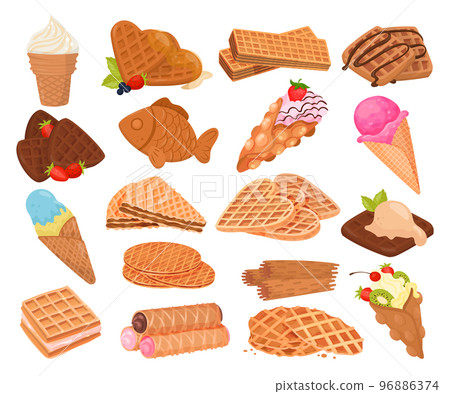Waffle and Wafer Dessert with Textured Surface and Creamy Filling Big Vector Set 96886374