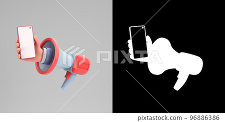 share concept marketing time loudspeaker with hand and empty screen smartphone with alpha share concept marketing time loudspeaker with hand and empty screen smartphone with alpha 96886386