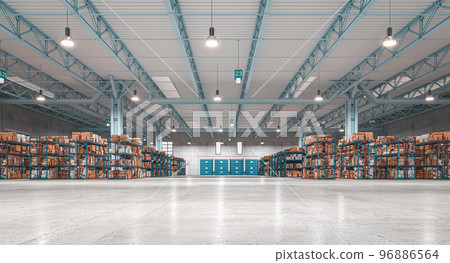 industrial interior, warehouse with goods and shelves. 96886564