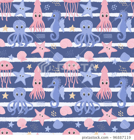 Seamless pattern with squid, octopus, seahorse and jellyfish. Cute ocean characters in underwater world. Marine animals and shells. Cartoon vector illustrations on a dark blue background with stripes 96887119