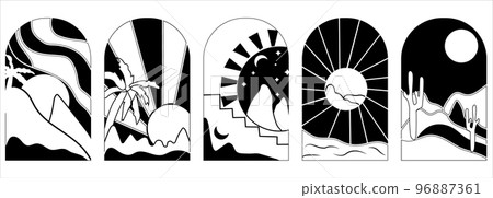 Black and white Sunrise in the Morning, with sea and palm trees. Set Minimal background. Vintage sunset, perfect for icon and symbols, poster, postcard, logo. Vector illustration. 96887361