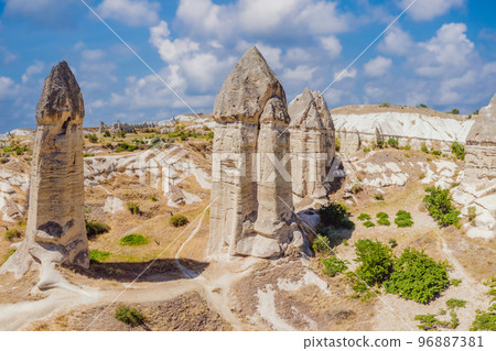 Unique geological formations in Love Valley in Cappadocia, popular travel destination in Turkey 96887381