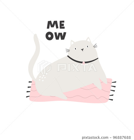 Flat vector illustration with a funny cat on a pink carpet Flat vector illustration with a funny cat on a pink carpet 96887688