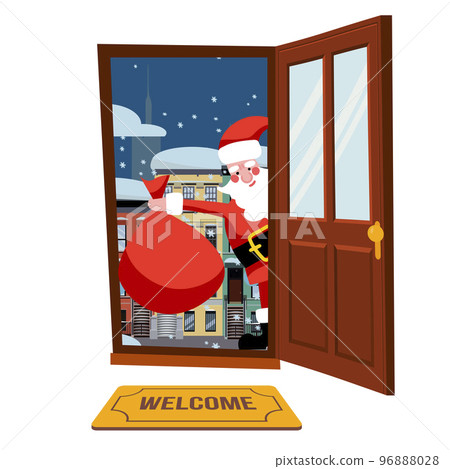 Merry Christmas and Happy New Year background. Cute Santa Claus with bag gift boxes enter inside the door. Concept design holiday poster, banner, flyer, greeting cards. Cartoon flat vector. 96888028