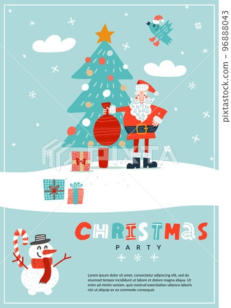 Retro christmas poster card with Santa near decorated xmas tree. a4 vertical holiday Christmas party concept. Hand drawn flat vector illustrration. 96888043