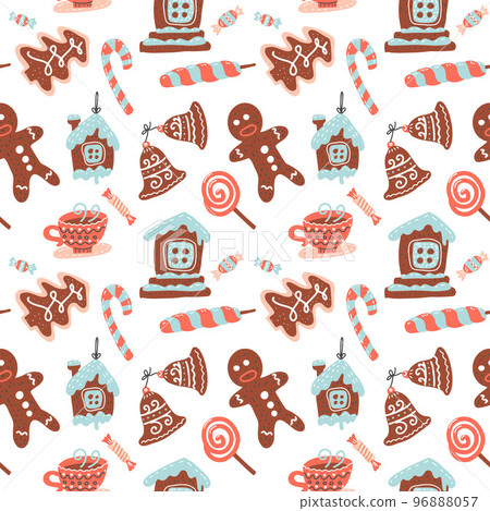 Christmas Seamless pattern with cacao drink, ginger cookie, candy cane and lollipop. Xmas sweets. Vector illustration for textile, postcard, wrapping paper, poster, background, book, t-shirt. Christmas Seamless pattern with cacao drink, ginger cookie, candy cane and lollipop. Xmas sweets. Vector illustration for textile, postcard, wrapping paper, poster, background, book, t-shirt. 96888057