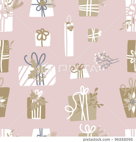 Seamless vector pattern with wrapped gifts. Wreath design for cards, wrapping papers, posters. Creative pink pastel hand drawn backdrop for holidays and parties. Seamless vector pattern with wrapped gifts. Wreath design for cards, wrapping papers, posters. Creative pink pastel hand drawn backdrop for holidays and parties. 96888098