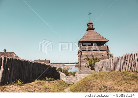 Watchtower in wooden medieval Zaporozhian Sich Watchtower in wooden medieval Zaporozhian Sich 96888134