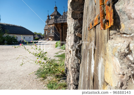Wooden house and church, Zaporozhian Sich village Wooden house and church, Zaporozhian Sich village 96888143