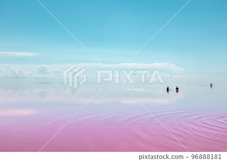 Pink salt lake water with clouds and blue sky 96888181