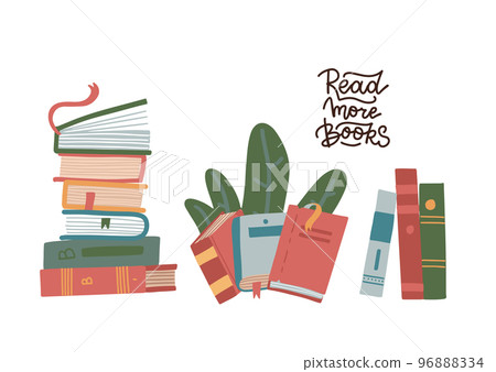 Set of Stack of books isolated on a white background. Pile of colorful books. Hand drawn educational flat vector illustration. World book day concept. Lettering quote - read more books. 96888334
