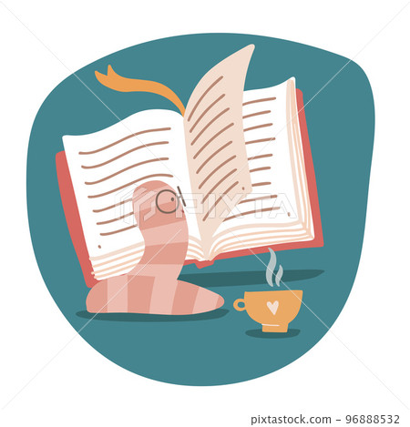 The little bookworm enthusiastically reads a page of a large open book and drinks coffee or tea. Learning concept. Flat hand drawn vector illustration. 96888532
