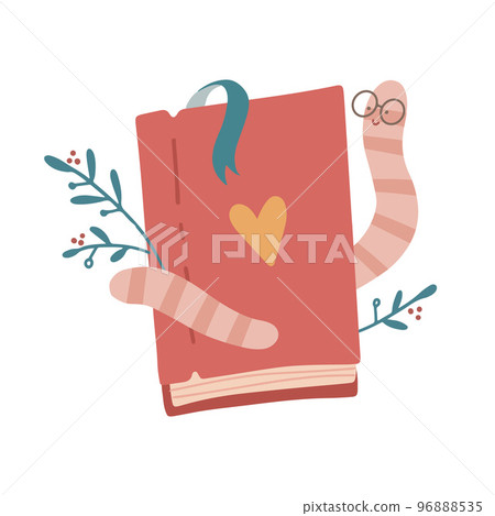 A cute caterpillar bookworm worm cute cartoon character education mascot wearing glasses embracing and hugging a closed book. Love reading concept. Flat hand drawn vector illustration. 96888535