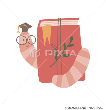 Decorated book and funny bookworm in small graduation cap. Flat hand drawn vector illustration. 96888562