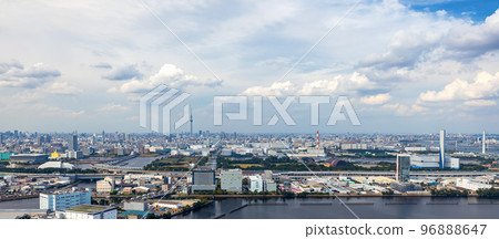 Aerial view of Odaiba Harbor in Tokyo, Japan 96888647