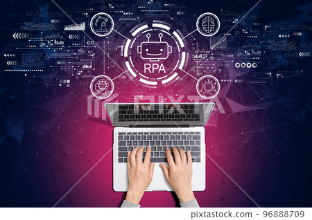 Robotic Process Automation theme with person using laptop Robotic Process Automation theme with person using laptop 96888709