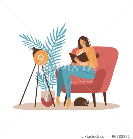 Girl with cat reading book. Younf Woman sitting in big armchair and read. Cozy home interior furniture. Flat cartoon Vector illustration. 96888851
