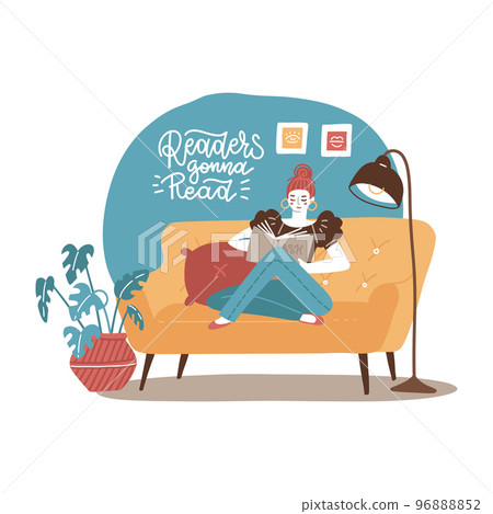 Young woman relaxing on yellow sofa and reading book at home. Vector hand drawn flat illustration 96888852