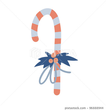 Candy cane for Christmas or New Year is decorated with holly and bow. Vector flat hand drawn illustration on white background. 96888944
