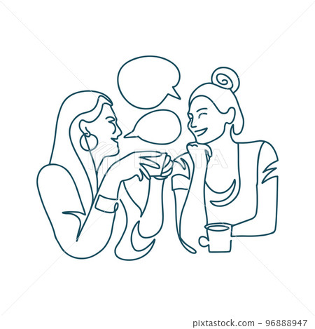 Continuous line drawing of two women drinking coffee in a restaurant. Two happy girls chatting, laughing and talking. Two lady having a conversation. Vector one line illustration. 96888947