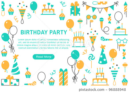 Birthday party background or web page internet template with button. Color line Birthday invitation. Decorative anniversary elements gift box balloon cake muffin. Minimal event vector illustration. 96888948