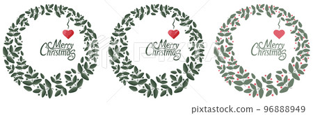 Three wreaths of mistletoe with the inscription Merry Christmas and a heart 96888949