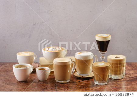 Coffee latte set with various topping and decor 96888974