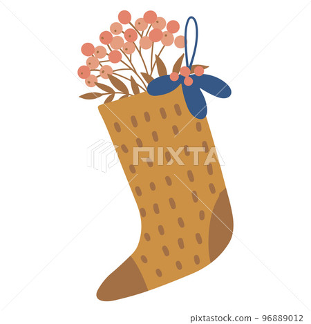 Christmas colorful sock with winter berries on twig. Yellow knitted stocking. Freehand isolated element. Vector flat hand drawn Illustration. Only 5 colors - Easy to recolor. Christmas colorful sock with winter berries on twig. Yellow knitted stocking. Freehand isolated element. Vector flat hand drawn Illustration. Only 5 colors - Easy to recolor. 96889012