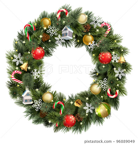 Vector Christmas Pine Fluffy Wreath with Christmas Decorations 96889049