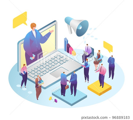 Business web conference, businessman videoconferencing with colleagues on laptop vector illustration. Teleconference internet technology. Business web conference, businessman videoconferencing with colleagues on laptop vector illustration. Teleconference internet technology. 96889183