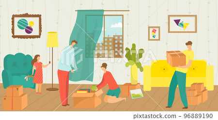 People moving to new house with things and home Vector Image