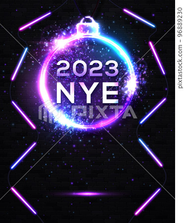 2023 New Year Eve Party Celebration Poster Template. Neon Lights Line Bulb Number and Christmas Ball on Black Brick Background. Bright Neon Holiday Illustration with Glowing Decorative Frame. 2023 New Year Eve Party Celebration Poster Template. Neon Lights Line Bulb Number and Christmas Ball on Black Brick Background. Bright Neon Holiday Illustration with Glowing Decorative Frame. 96889230