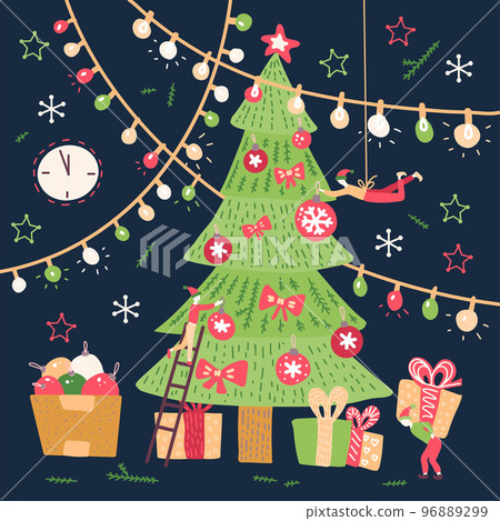 Small people characters decorating big christmas tree. New year decoration. Fantasy little people in giant holiday world. Vector flat cartoon hand drawn illustration. 96889299