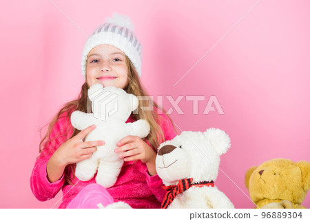 Happy childhood concept. Child small girl playful hold teddy bear plush toy. Why kids love stuffed animals. Toy every child dreaming. Kid little girl play with soft toy teddy bear on pink background Happy childhood concept. Child small girl playful hold teddy bear plush toy. Why kids love stuffed animals. Toy every child dreaming. Kid little girl play with soft toy teddy bear on pink background 96889304