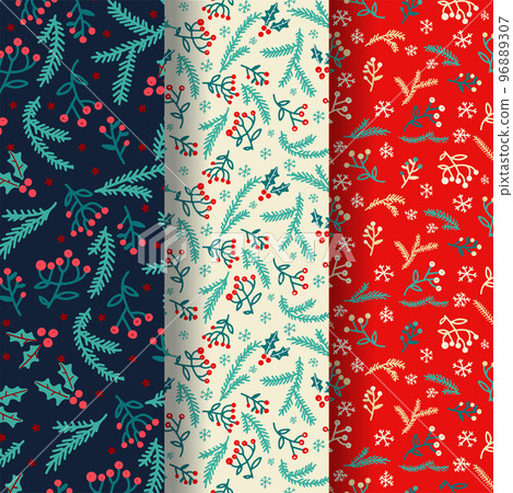 Winter seamless pattern set with decorative winter elements. Vector design. Background with hand drawn doodles. Holiday decoration - spine, fir, berry, snowflakes Winter seamless pattern set with decorative winter elements. Vector design. Background with hand drawn doodles. Holiday decoration - spine, fir, berry, snowflakes 96889307