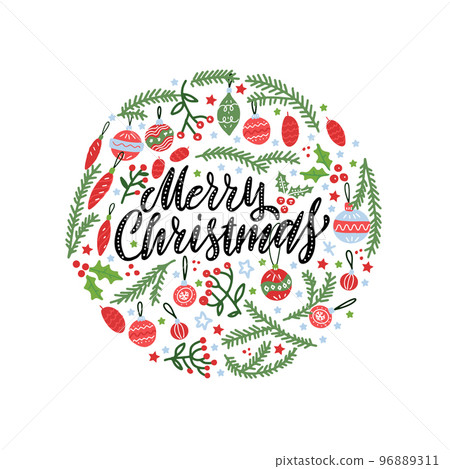 Christmas background of circular shape with pine tree branches and xmas balls. Handwritten text Merry Christmas. Holiday hand drawn greeting card, banner, web poster Christmas background of circular shape with pine tree branches and xmas balls. Handwritten text Merry Christmas. Holiday hand drawn greeting card, banner, web poster 96889311