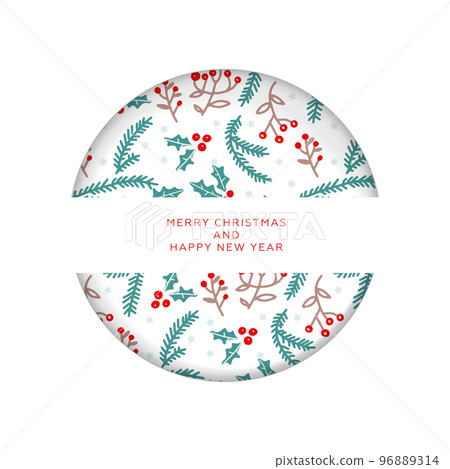 Christmas invitation or greeting card in paper cut style. Merry Christmas and New Year. Pattern with branches and berries. Layered concept with shadows. Christmas invitation or greeting card in paper cut style. Merry Christmas and New Year. Pattern with branches and berries. Layered concept with shadows. 96889314