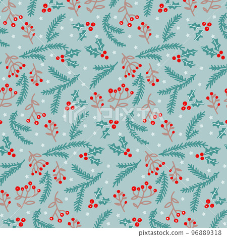 Christmas seamless pattern with rowan berry and fir branches. Forest inspiration. Vector hand drawn background for wedding, invitations, textile, wrapping paper. 96889318