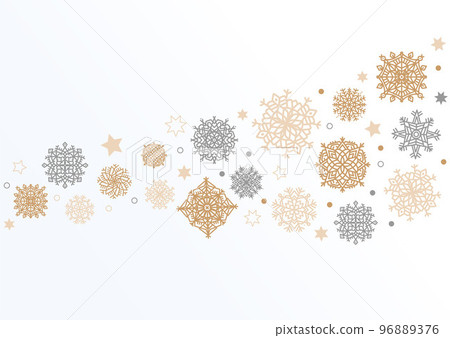 Wave snowflake background with Stars. Gray swirl of golden and silvern snowflakes and stars. New Year border. Flat vector illustration isolated on white background Wave snowflake background with Stars. Gray swirl of golden and silvern snowflakes and stars. New Year border. Flat vector illustration isolated on white background 96889376