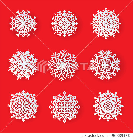 Set of beautiful patterned laser cut snowflakes. Template christmas, new year decorations designs. Elements for the New Year holidays. Vector illustration on a red background Set of beautiful patterned laser cut snowflakes. Template christmas, new year decorations designs. Elements for the New Year holidays. Vector illustration on a red background 96889378
