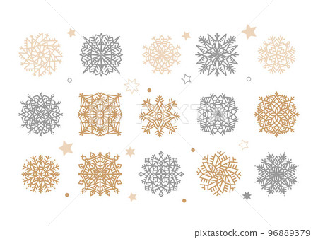 Set of gold and silver snowflakes. Holiday collection. Flakes of snow collection isolated on white background. Flat Vector illustration. Set of gold and silver snowflakes. Holiday collection. Flakes of snow collection isolated on white background. Flat Vector illustration. 96889379