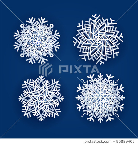 Set of 4 white gradient Christmas 3d snowflakes with shadow on dark blue background. New year Origami Snowfall design elements. Layered paper cut white layered paper cut. 96889405