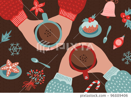 Friendship concept with human hands holding cup of coffee. Christmas, new year card design. Top view scene. Christmas gingerbread , candies. Homemade cookies for the new year. Vector flat illustration 96889406