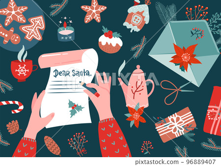 Character hands with pen writing letter to santa claus. Envelope, fur branches, holly, stocking, gifts, gingerbread on taple - top view. Christmas new year eve xmas holidays. Vector flat illustration Character hands with pen writing letter to santa claus. Envelope, fur branches, holly, stocking, gifts, gingerbread on taple - top view. Christmas new year eve xmas holidays. Vector flat illustration 96889407