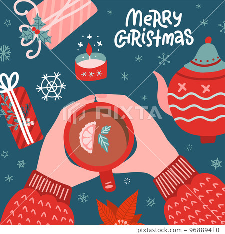 Christmas concept. Woman in sweater holds tea cup. Table with pot, candle and gift boxes flatlay. Christmas vector illustration, top-down composition. Christmas concept. Woman in sweater holds tea cup. Table with pot, candle and gift boxes flatlay. Christmas vector illustration, top-down composition. 96889410