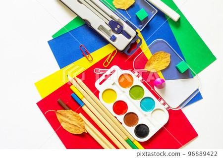 Stationery isolate on a white background. Top view flat lay background. Stationery isolate on a white background. Top view flat lay background. 96889422