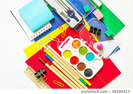 Stationery isolate on a white background. Top view flat lay background. Stationery isolate on a white background. Top view flat lay background. 96889423
