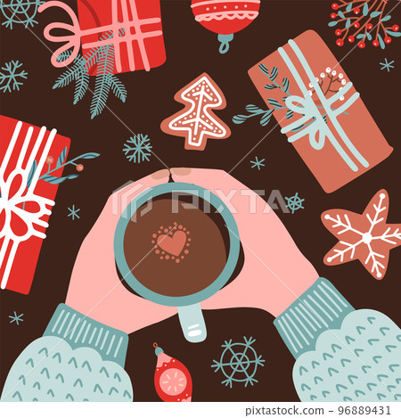 Christmas and New Year cozy composition with Human hands in sweater holding coffee mug surrounded by gifts, gingerbread, fir branches. Vector flat illustration top view Christmas and New Year cozy composition with Human hands in sweater holding coffee mug surrounded by gifts, gingerbread, fir branches. Vector flat illustration top view 96889431